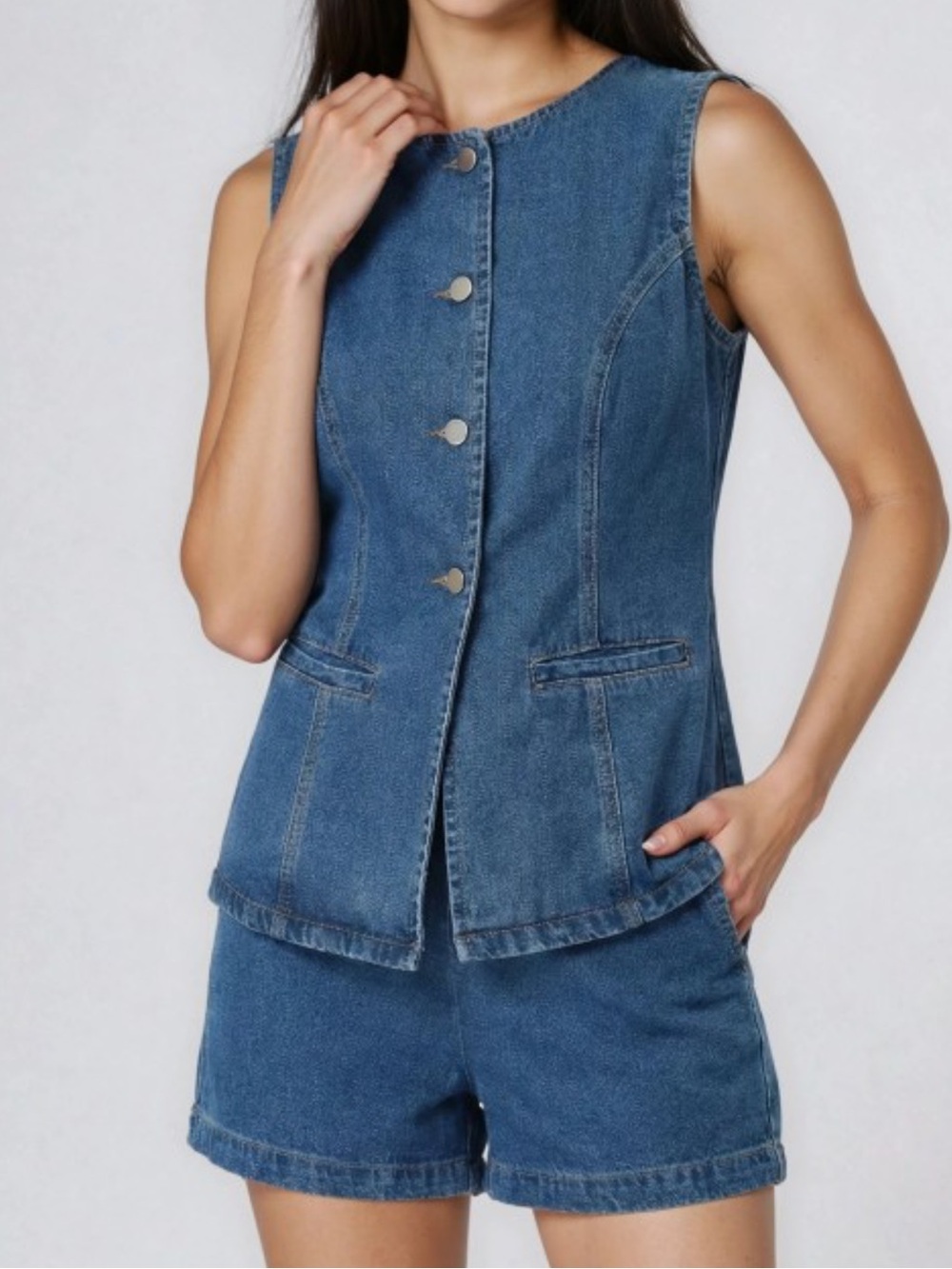 ShopEvelynne Light Blue Denim Vest & Shorts Set - Picture 3 of 4